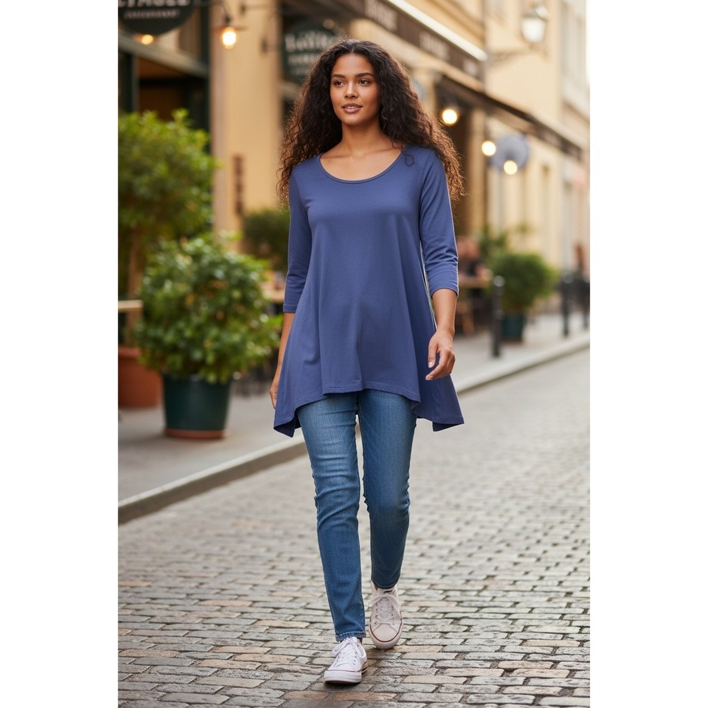 (I258) LOGO Lori Goldstein Blue Indigo Sharkbite Hem Tunic Top 3/4 Sleeve S NWT